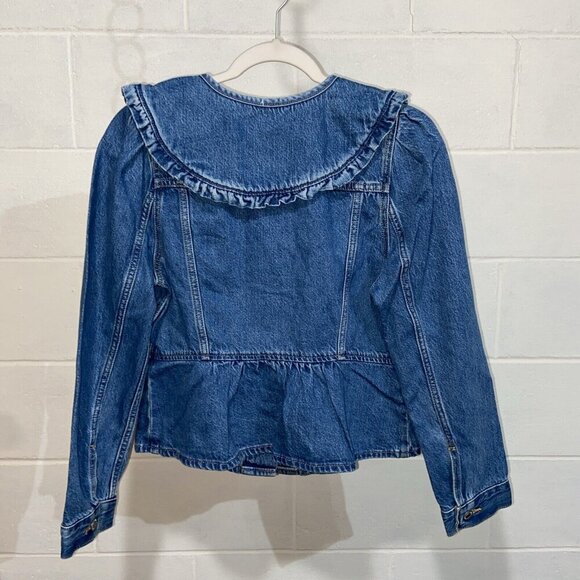 Levi's Premium Women's Prairie Trucker Jacket SMALL Blue Denim Ruffles Feminine - Picture 2 of 8
